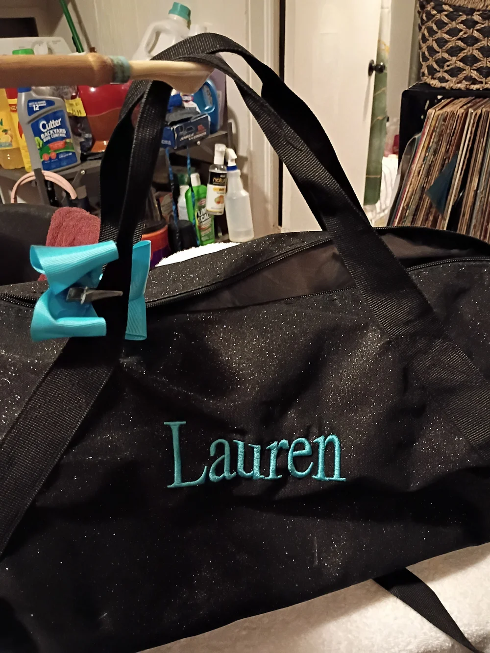 Source Unknown Black Tote with Teal Embroidery and Teal Bow